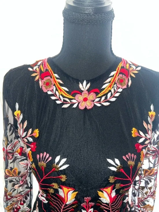 Karina Grimaldi Black Mini Dress with Pink and Gold Floral Embroidery - Picture 4 of 5